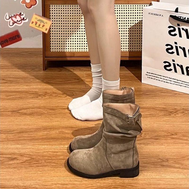 Single Boots Thin Sleeve Martin Boots Pile Boots Retro Medium Boots Women's 2025 Autumn and Winter New Flat Short Boots Women's