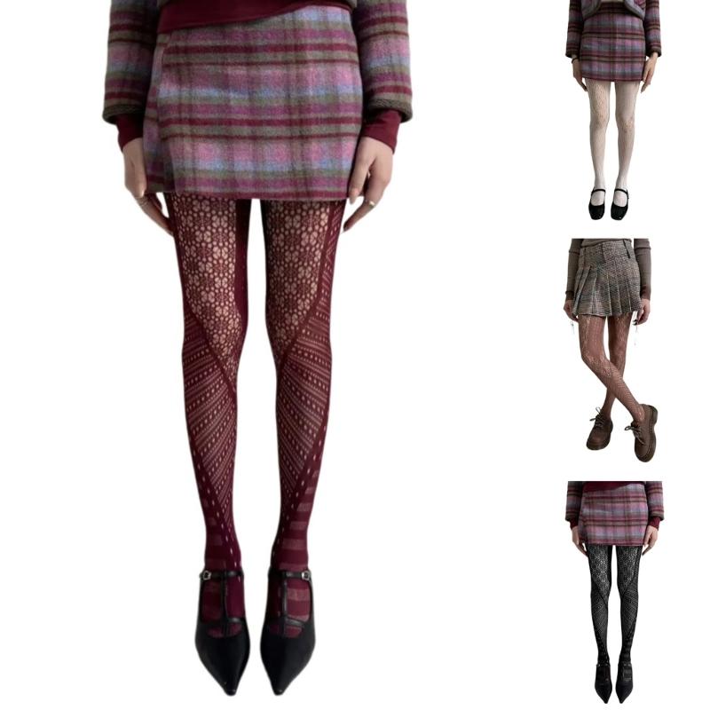 Winter Autumn Women's Irregular Geometric Patterned Fishnet Pantyhose High Elastic Sheer Mesh Tights Stockings Hosiery