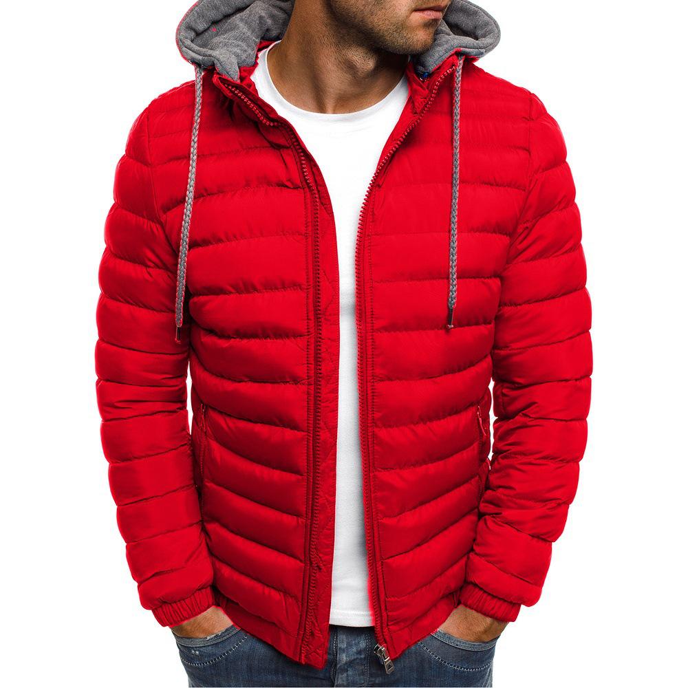 Men s Korean Style Casual Solid Color Warm Hooded Cotton Jacket Double Extra Large красный