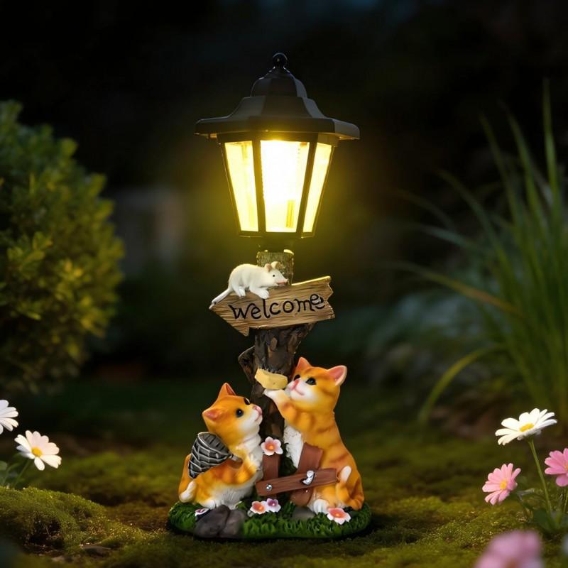 Solar-Powered Cat Resin Garden Ornament Outdoor Pathway Decor Waterproof Lawn Statue In American Style