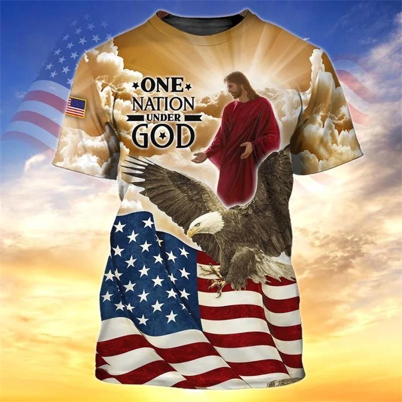 Men Tee Shirt Fashion T-shirt Summer Clothing Jesus Pattern USA Eagle Flag 3d Print Tops Casual Sportswear Oversized Tees Homme