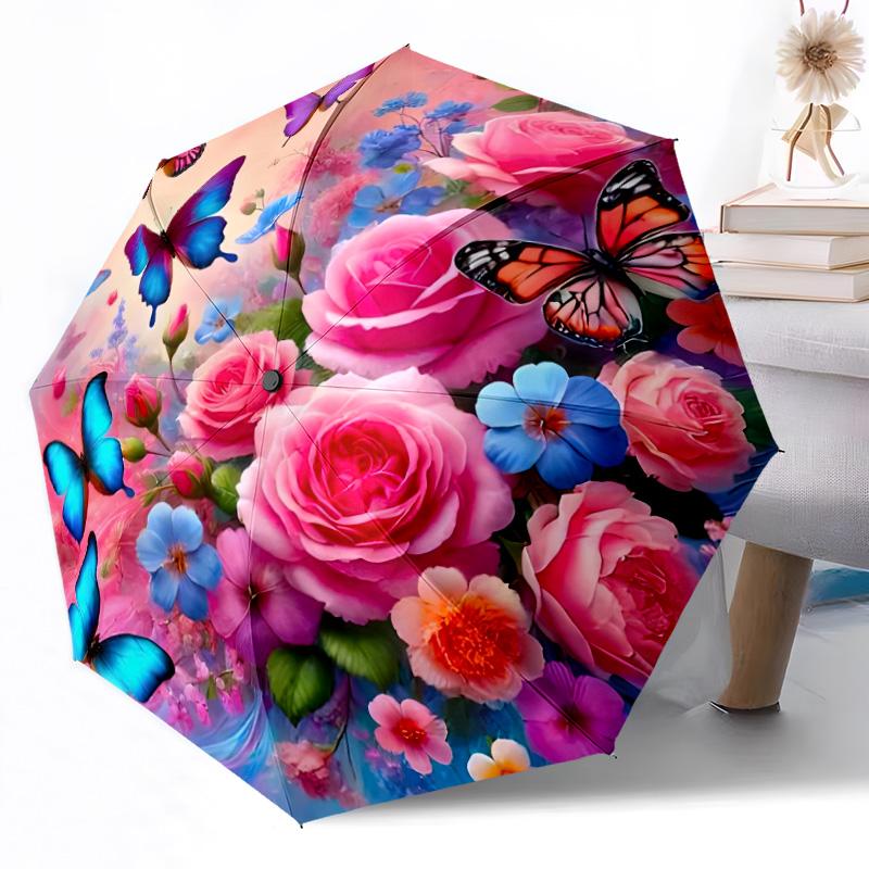 Blumenfantasy mit Schmetterlingen Automatischer Outdoor-Regenschirm Einziehbares Design mit 8 Speichen Langlebig Leicht Perfektes Geschenk für Freunde Familie