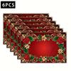 Christmas Decorative Rose & Leaves Printed Placemats, 12*18 Inches, Red Background with Roses And Holly & Golden Pattern, Festive Holiday Atmosphe