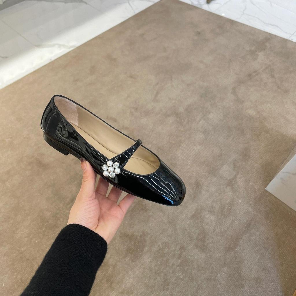 Cowhide version~ Pearl rhinestone buckle genuine leather Mary Jane single shoes women's soft-soled small leather shoes flats Mary Jane classic