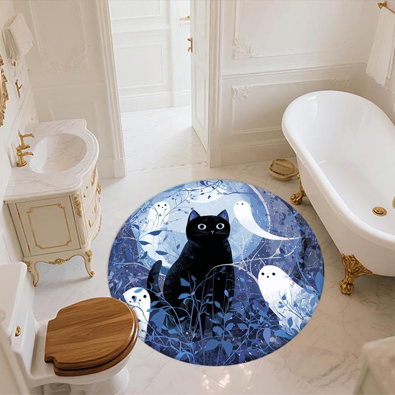 Night Cat Round Area Rug,Carpet Rug for Living Room Bedroom Sofa Playroom Decor,Non-slip Floor Mat