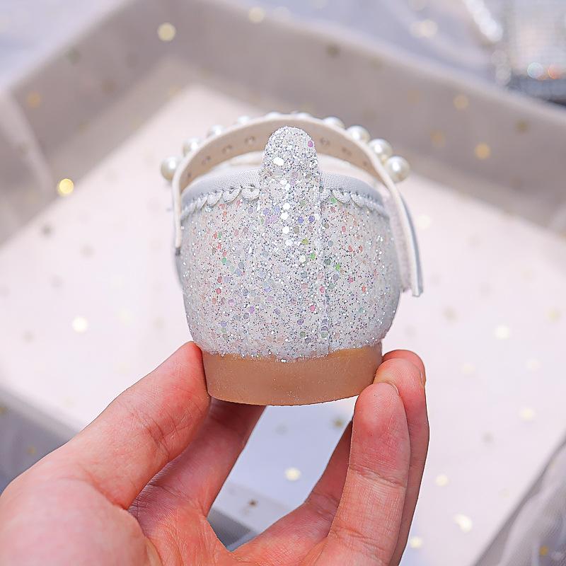 Girls' Sequin Bow Flats - 2025 Spring, Soft Sole Leather Pearl Shoes