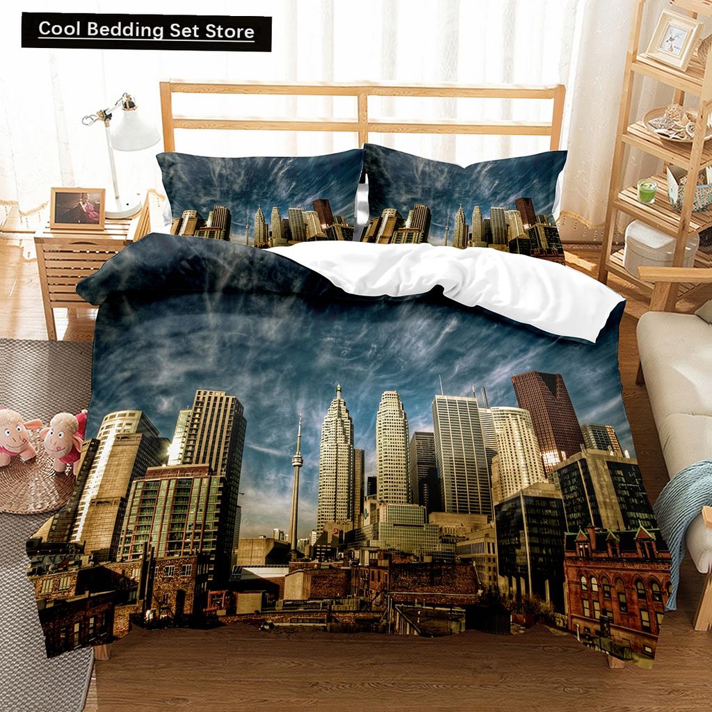 Comforter Cityscapes King Queen Tall Buildings Landscape Bedding Set Busy Traffic View Polyester Comforter