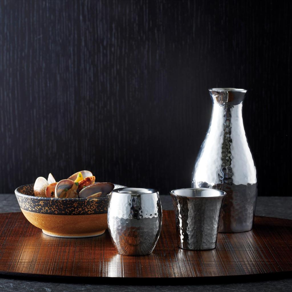 Yamako Stainless Steel Hammered Double-Layered Sake Cup, Barrel Shape, 29082
