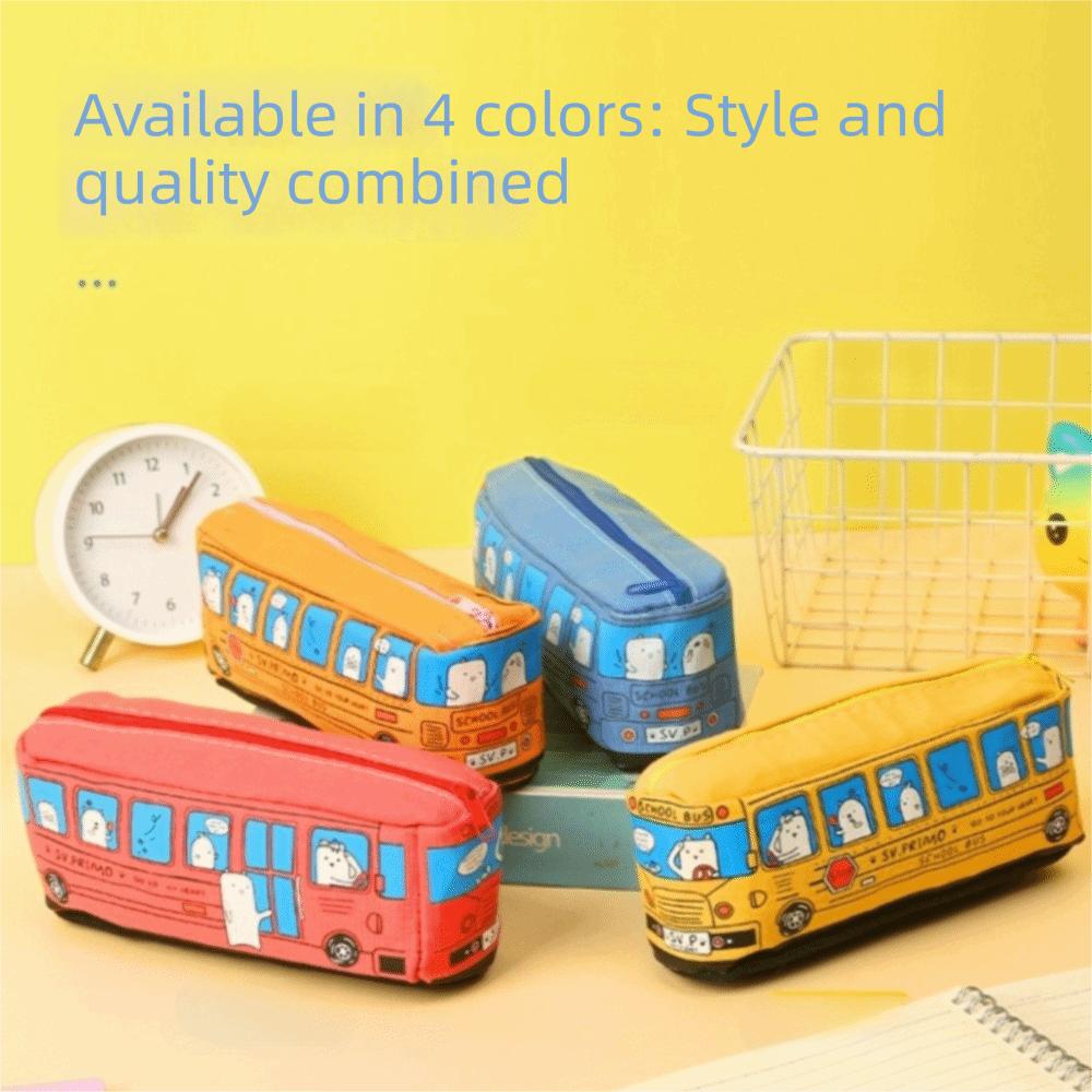 Zipper Closure School Bus Pencil Case Canvas Material Stationery Box Pen Bag Storage Use