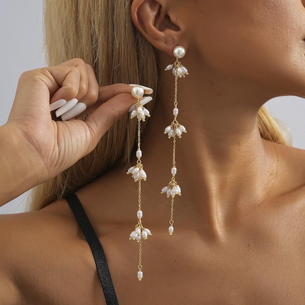 Gold Plated Modern Geometric Earrings With Tassel And Chain Details