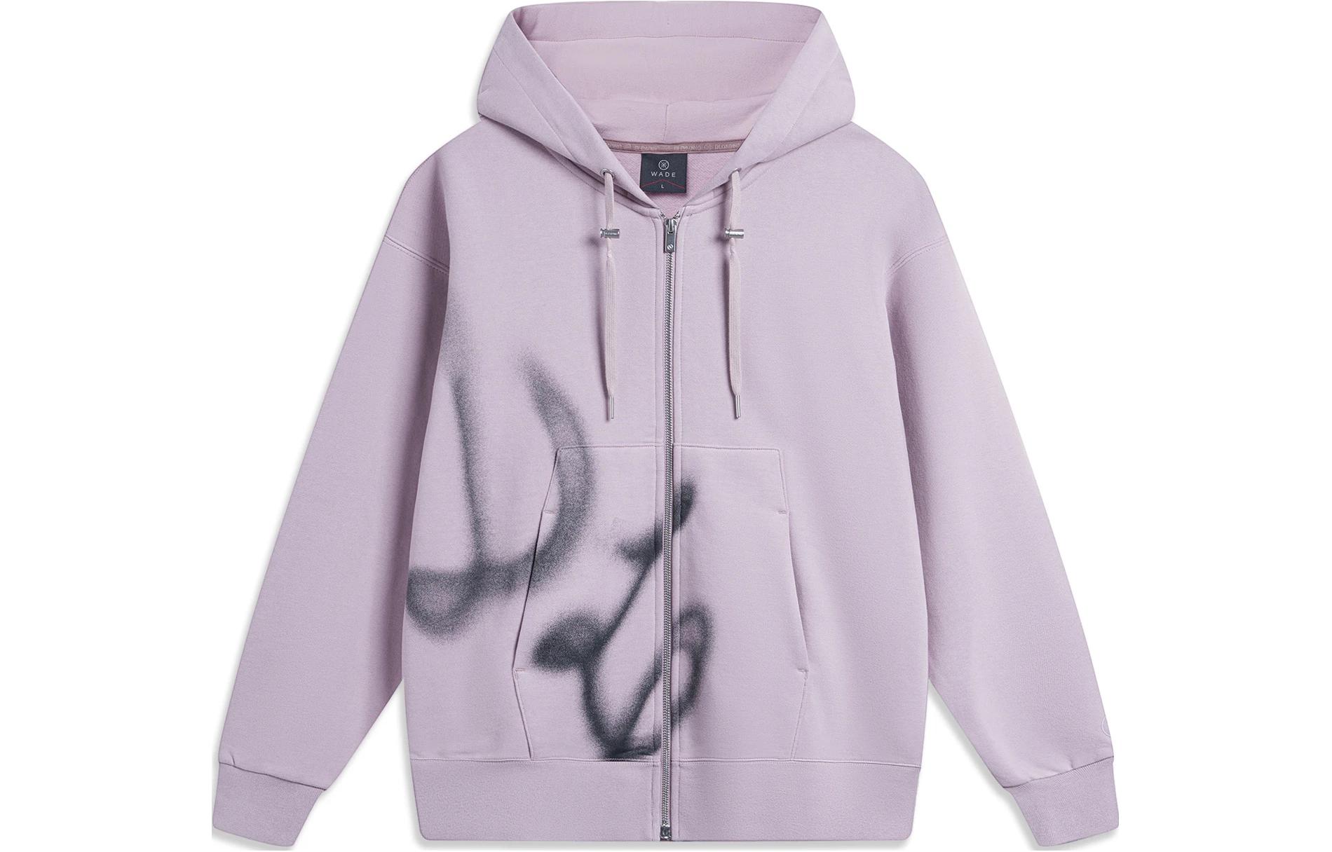 Li Ning Wade Collection Letter Print Fleece Lined Thermal Loose Fit Cardigan Hooded Sweatshirt Unisex Ink Gray Purple AWDTD21-6 L