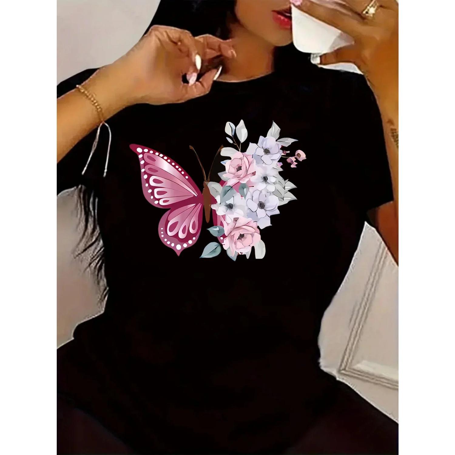 

Shirt Women Top Short Sleeve T Shirts New Korean T Shirt for Women Round Neck Loose Women Clothes Fashion Tshirt Woman Cartoon S чёрный