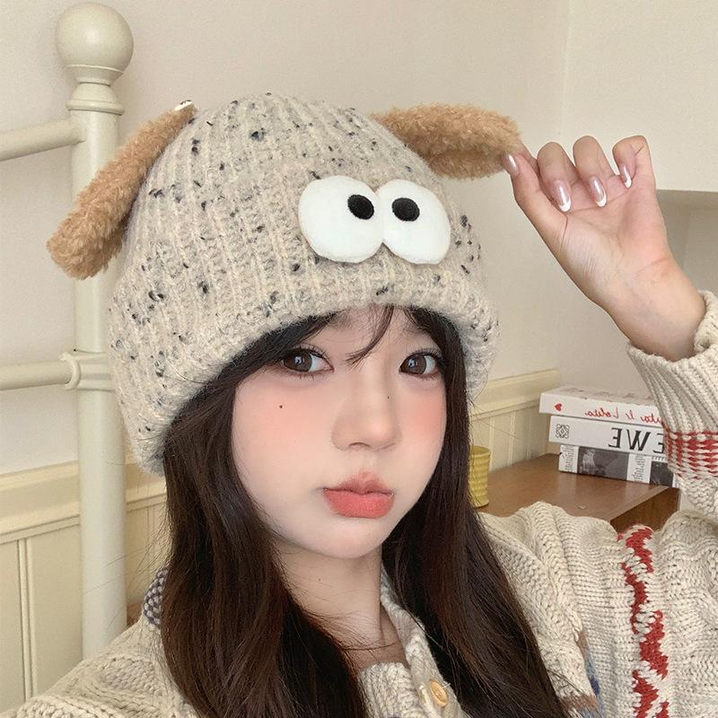 Cute Funny Big eyed Cartoon Hat for Women In Autumn and Winter New Warmth and Thick Knitted Pullover Hat Versatile Wool Hat