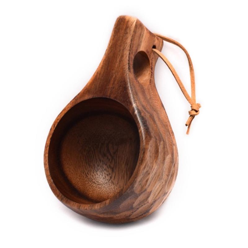 Finland Kuksa Portable Coffee Mug Acacia-Wood Handle Cowhide Rope Hook Juice Milk Cup Coffee Drinking Cup Drinkware