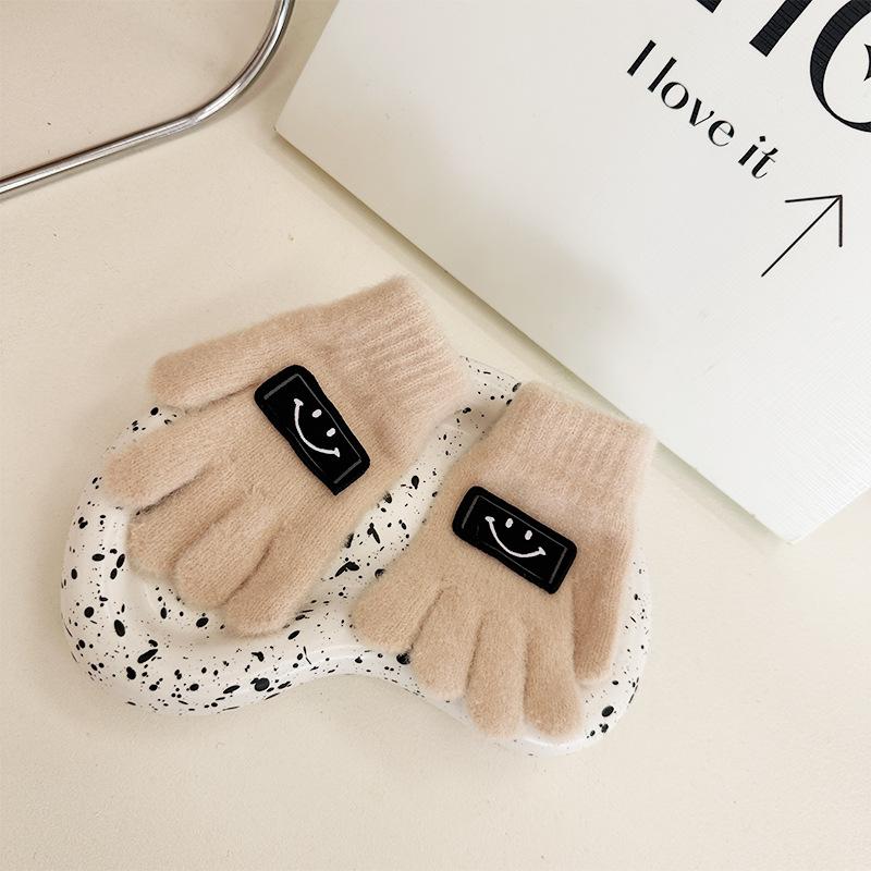 

Korean Style Children s Knitted Five Finger Gloves with Cute Cloth Label and Smiley Face Knitted Woolen Fingered Gloves Warm Mittens one size
