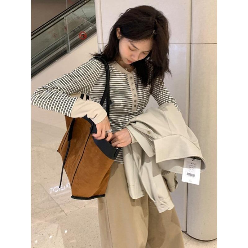 Color Matching Striped Button-up Henry Collar Bottoming Shirt Top Women's Autumn Front Shoulder Slim-fitting Long-sleeved Design Fashionable Shirt