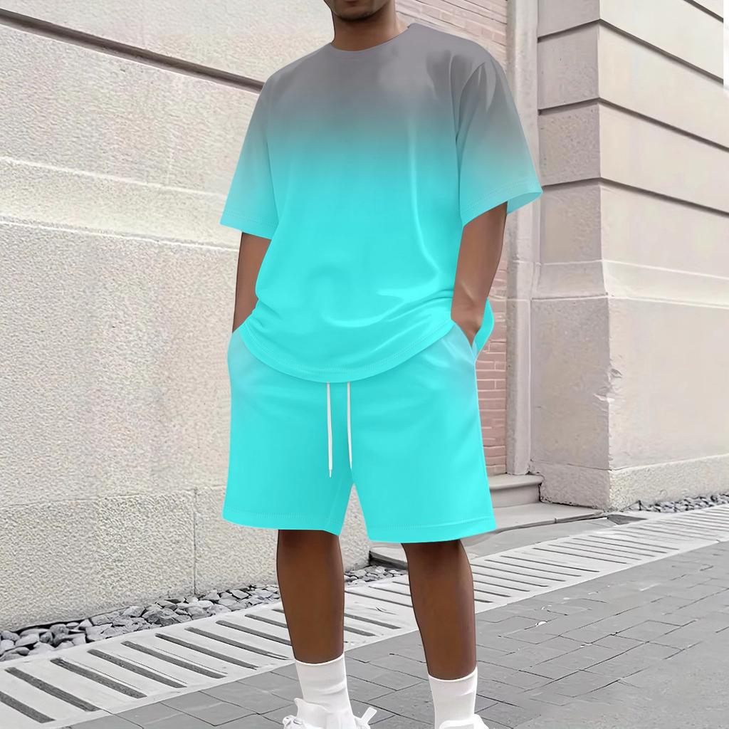 Men's Gradient Print Casual Short Sleeve Crew Neck Top and Shorts Set Lightweight Breathable Summer Outfit for Everyday Wear
