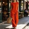 Women's Summer Casual 2 Piece Sets, Buttons Short Sleeve Top And Wide Leg Pants Matching Sets, Asymmetrical Hem Vacation Lounge Outfits