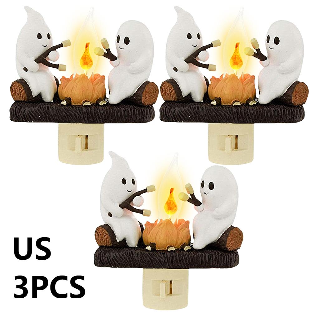2025 Ghost Campfire Flickering Nightlight 2 Ghosts Roasting Plug Wall Spooky Fire Marshmallow Night Light for Halloween Decor
