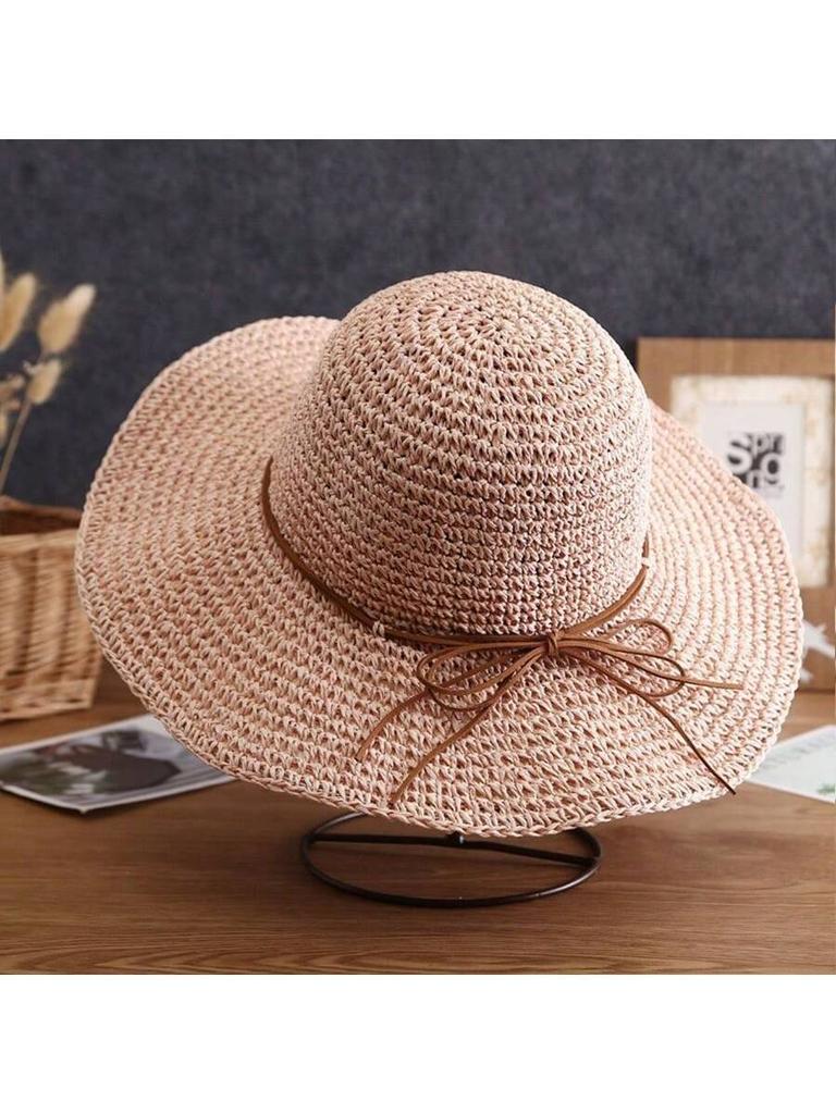 Boho Women Straw Sun Hat With Wide Brim And Bow For Beach Outdoor Summer