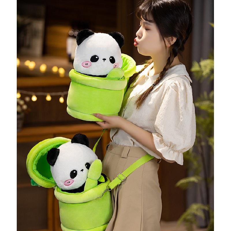 Niedlicher Panda Plüschtier Rucksack mit Bambusrohr Ideal für Mädchen, Weich und kuschelig, 30cm Höhe