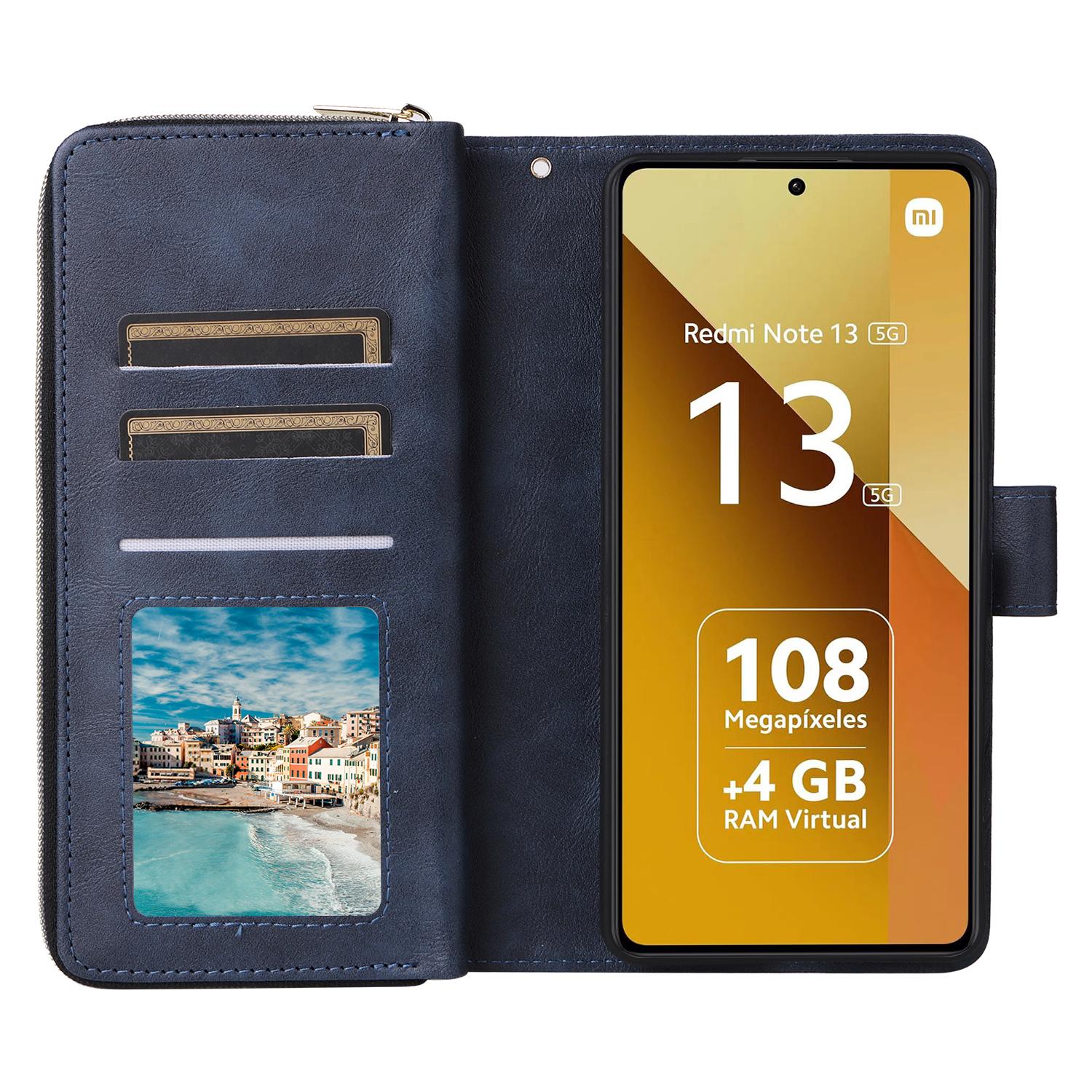 

For Xiaomi Redmi Note 13 5G Case with Strap Zipper Wallet PU Leather Phone Cover Blue