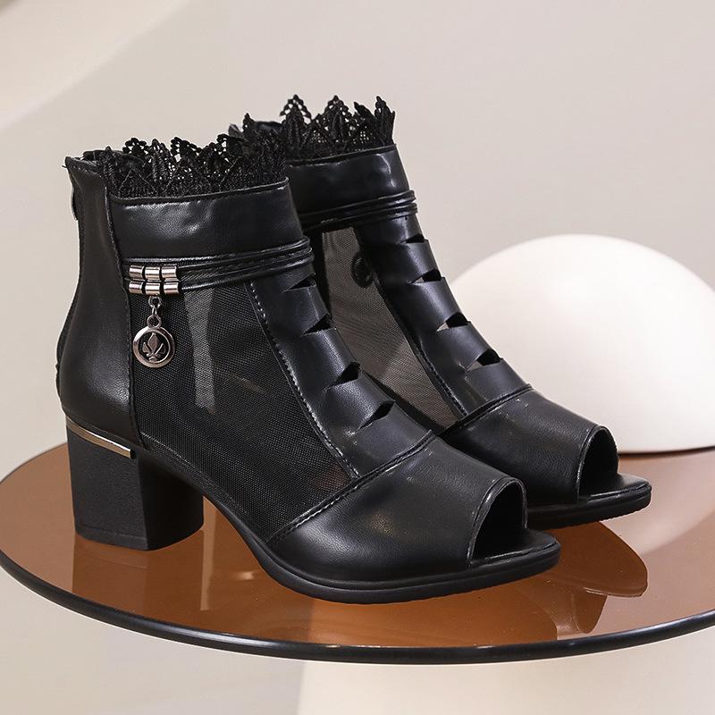 Fashion 2025 Summer New Thick Heel Fish Mouth Shoes Women Shoes Mesh Yarn Breathable Hollow Cool Boots High Heel Sandals Net Boots Women