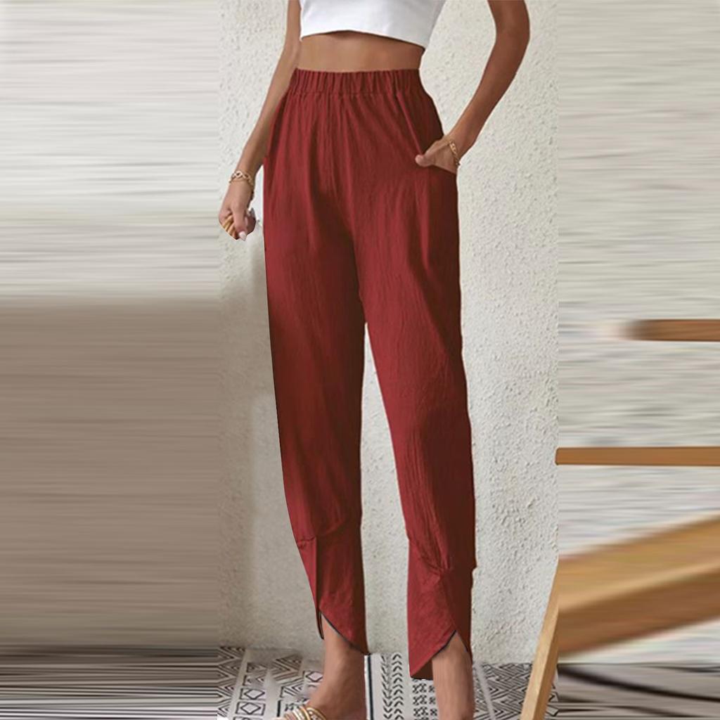 Women's Fashion Temperament Solid Color Casual Bunched Foot Pants Loose Pocket Cotton Hemp Cloth Small Foot Pants