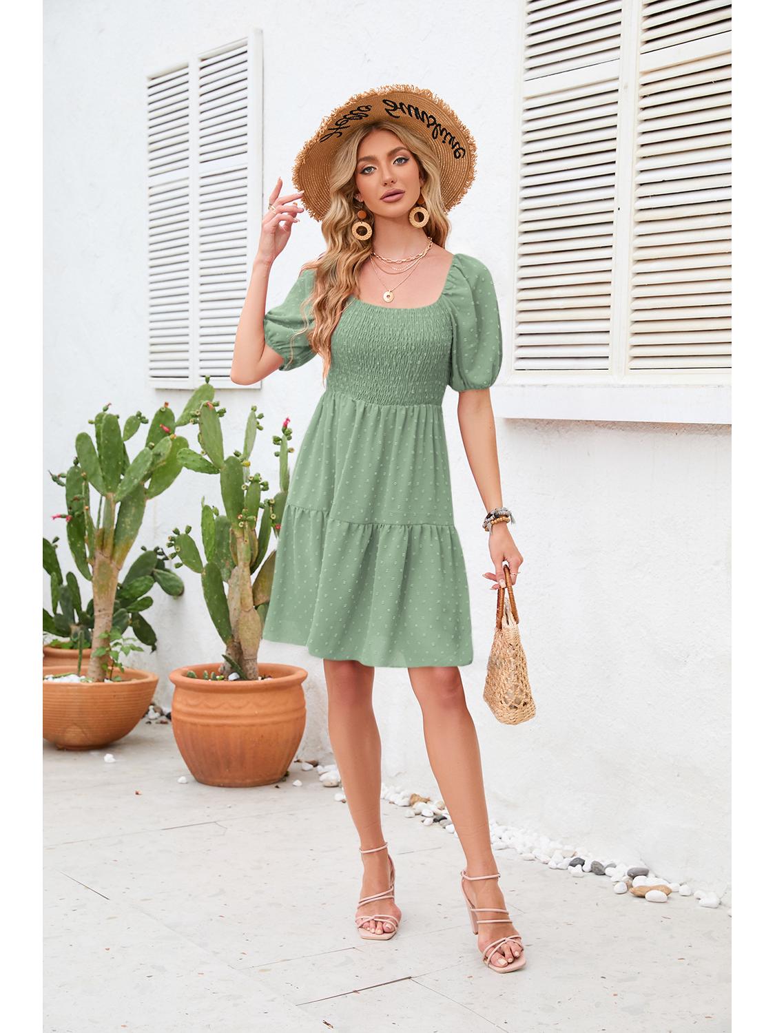 

Новое мини-платье с квадратным вырезом, сборками и помпонами — летний стиль в европейском и американском стиле XL зелёный