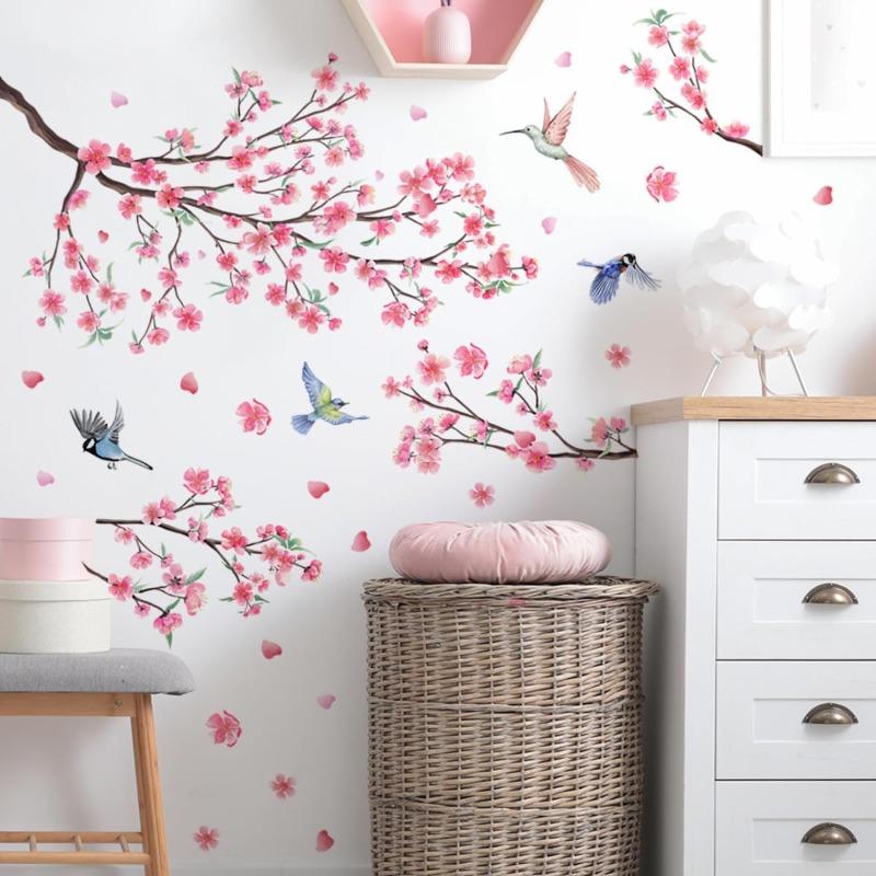 Large Cherry Blossom Wall Stickers Pink Flowers Tree Branch Birds Floral Blossom Wall Decals for Living Room Sofa TV Background