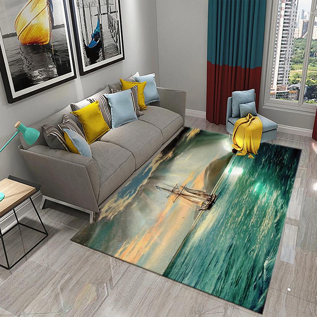Oil Painting Sailboat Carpet Bathroom Mat Sea Scenery Waves Non-Slip Rug Kitchen Doorway Carpet Living Room Bedroom Decor Rugs