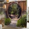 Natural Garden Landscape Shower Curtain With Rustic Round Wooden Door, Green Botany Leaves Farmhouse Style Bathroom Set
