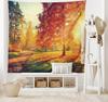 Fall Tapestry, Vibrant Misty Day in Forest Sun Rays Trees Foliage Fallen Leaves Calm View, Wide Wall Hanging for Bedroom Living