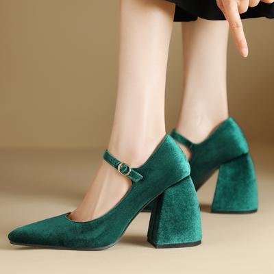 Fashion Designer Square High Heels Mary Janes Shoes Velvet Black Green Heeled Dress Pumps Women Large Size Office Party Wedding Shoes