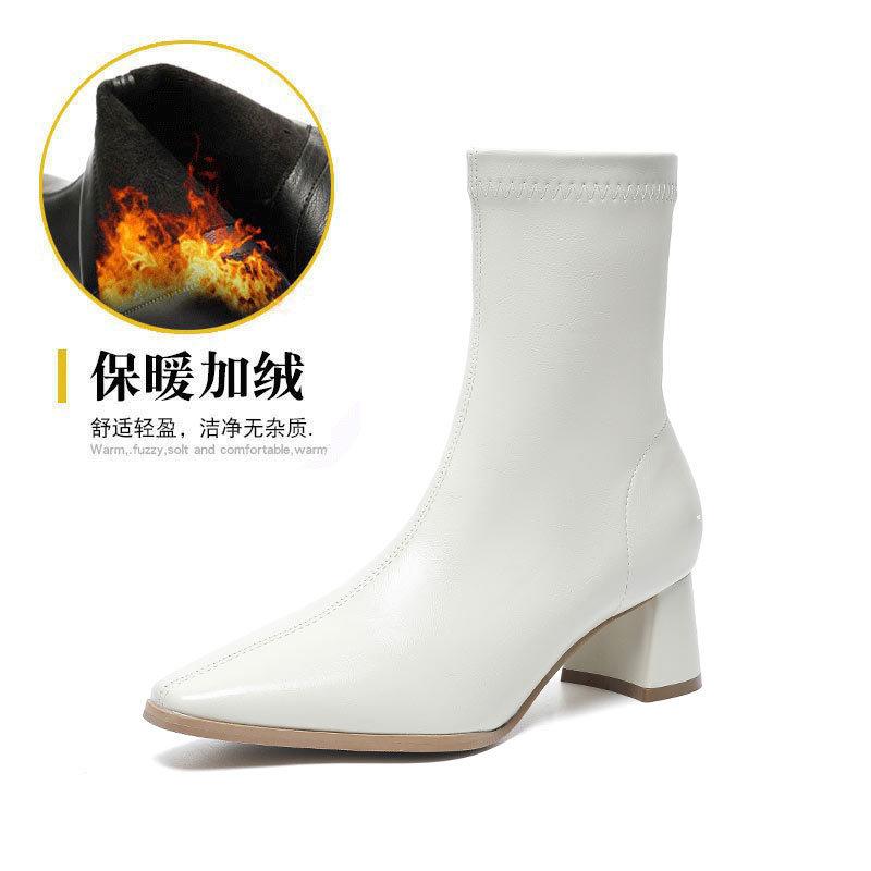 

Короткие сапоги на высоком каблуке, женские одинарные сапоги на весну и осень 2024 года, новые женские сапоги средней длины, тонкие остроносые модные сапоги на толстом каблуке из кожи 39