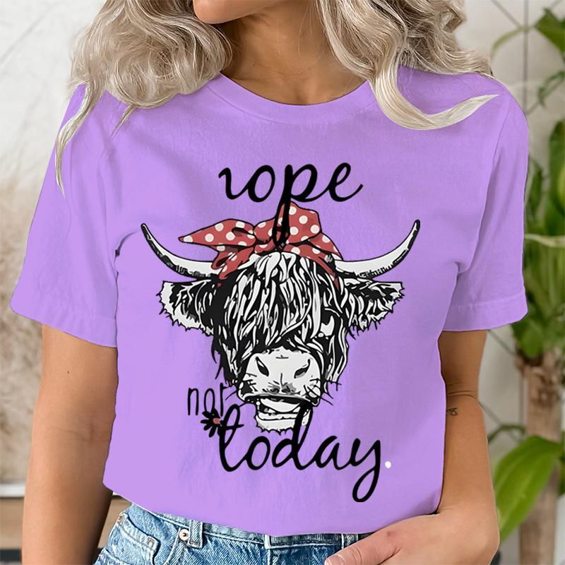 Women Funny T Shirts Cute Hairy Scottish Highland Cow TShirt Round Neck Casual Tops Women Cow Head  Letter Print Short Tshirt