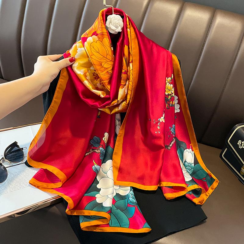 Painting Floral Design 100% Silk Feeling Scarf For Women 180X90Cm Shawl Wraps Luxury Female Hijab Headband Foulard Beach Stoles