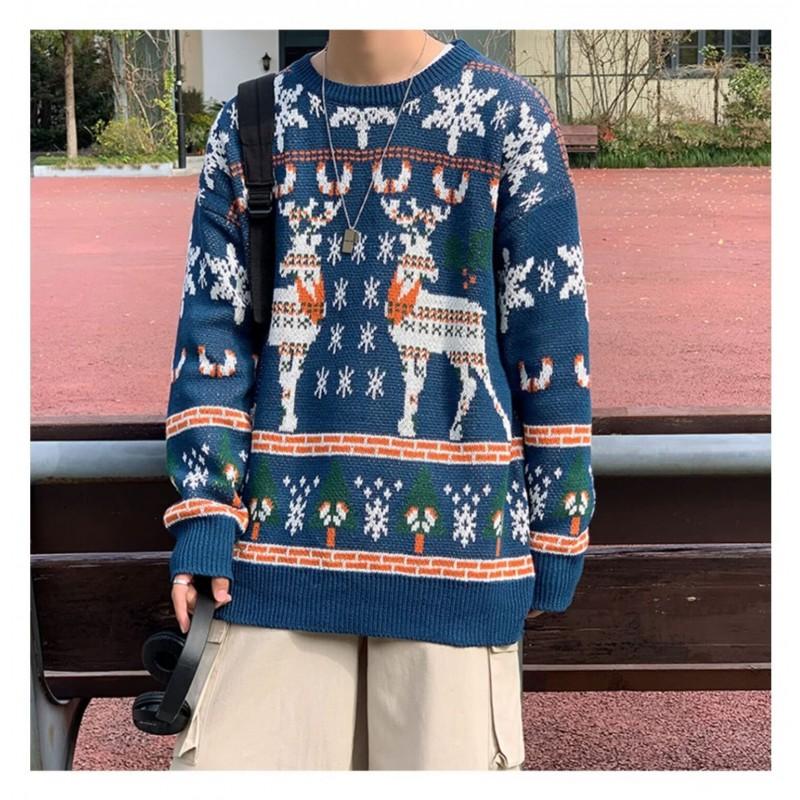 Long Sleeve Animal Print Knit Sweater Teens Loose Fit Round Neck Couple Wear Red Blue