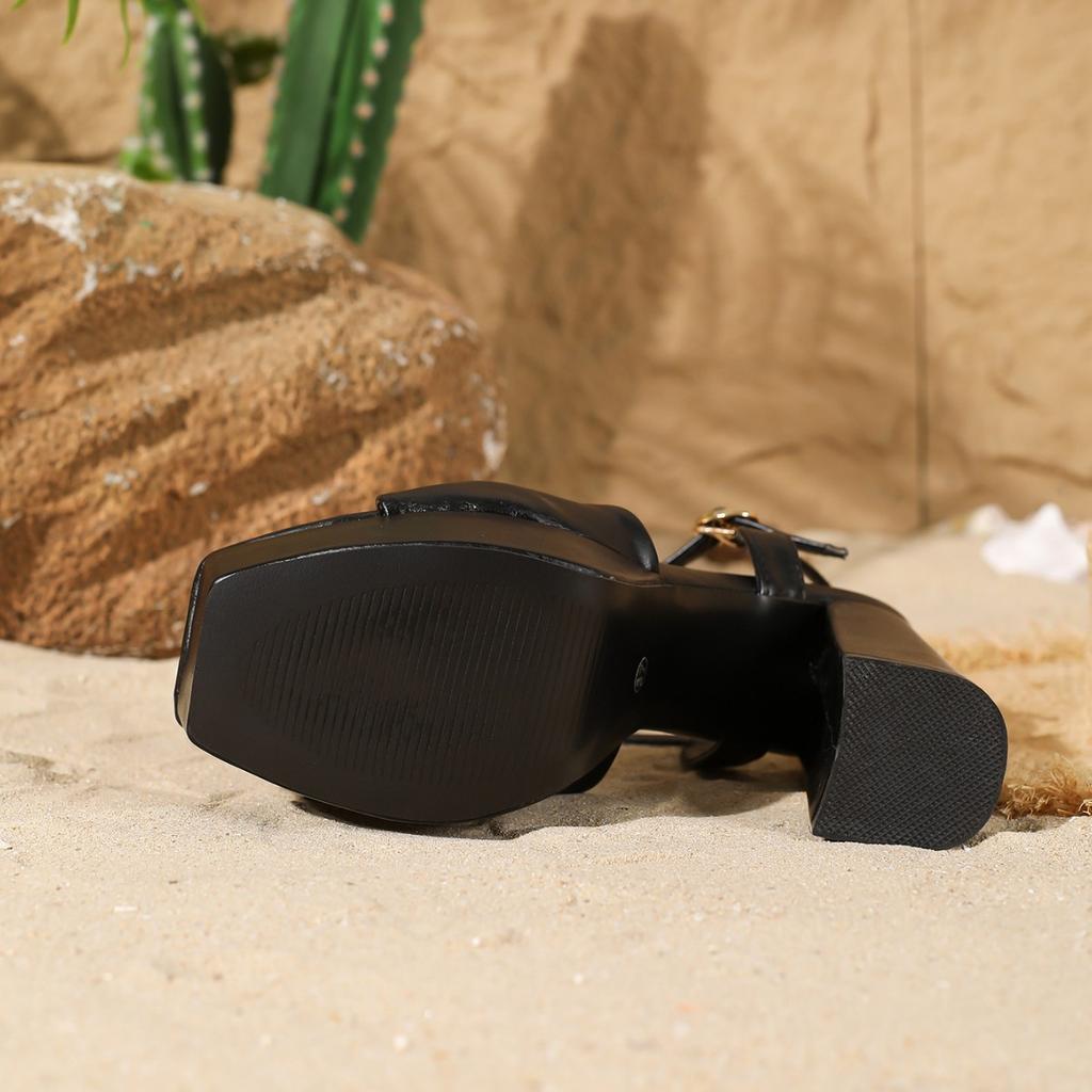 New high-heeled fish mouth shoes, sexy thick heel with black banquet sandals, women