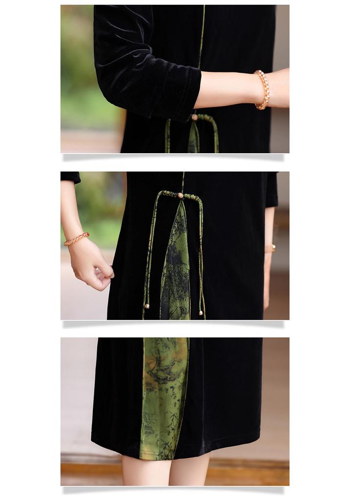 Mother's Wear: New Spring & Autumn 2026 Chinese Style Gold Silk Velvet Qipao Dress for Middle-Aged & Elderly Women