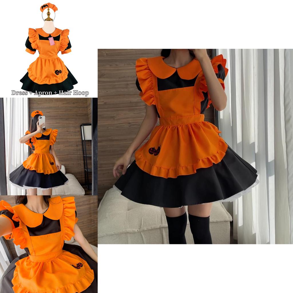 Süßes Lolita Kürbis Dienstmädchen Halloween Party Kostümkleid mit Kopfschmuck