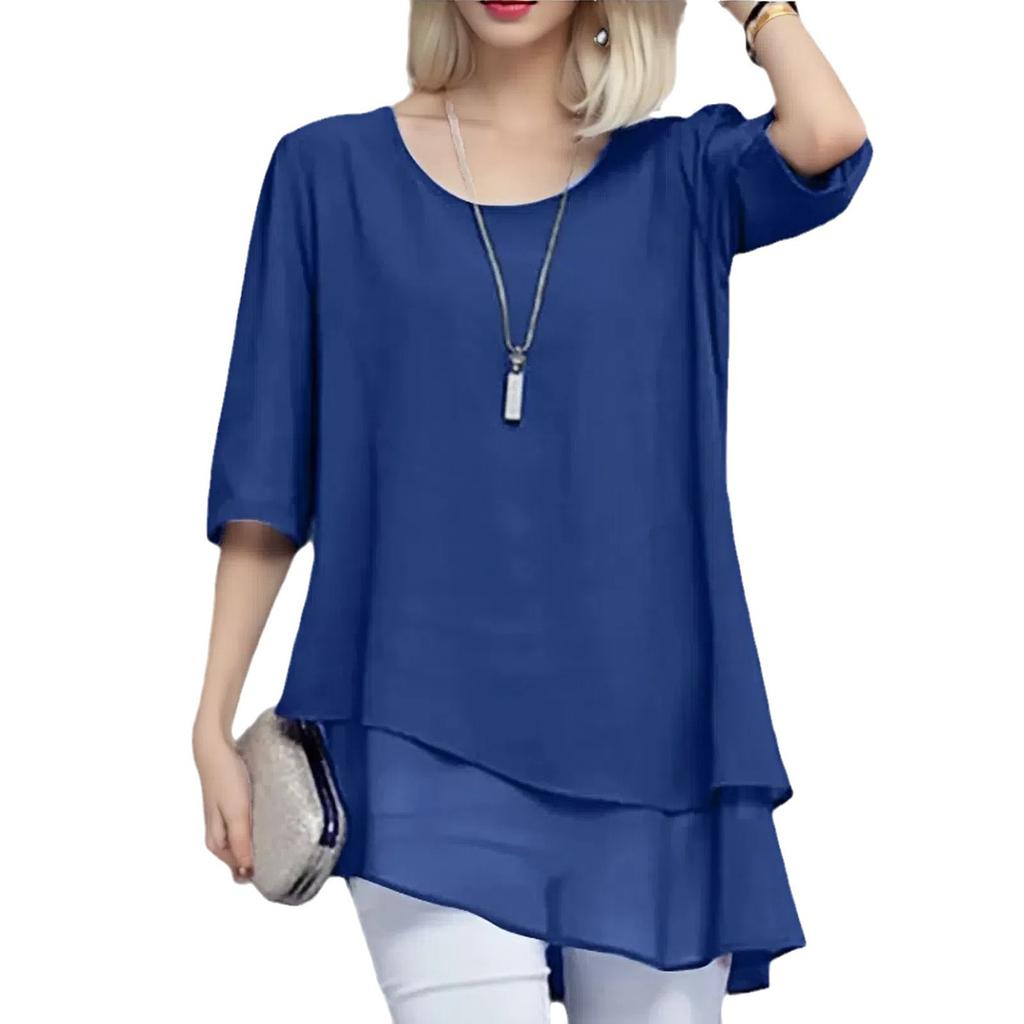 Top ampio taglie forti a girocollo per l'estate con maniche a tre quarti e finto due chiffon di media lunghezza camicette e camicie da donna