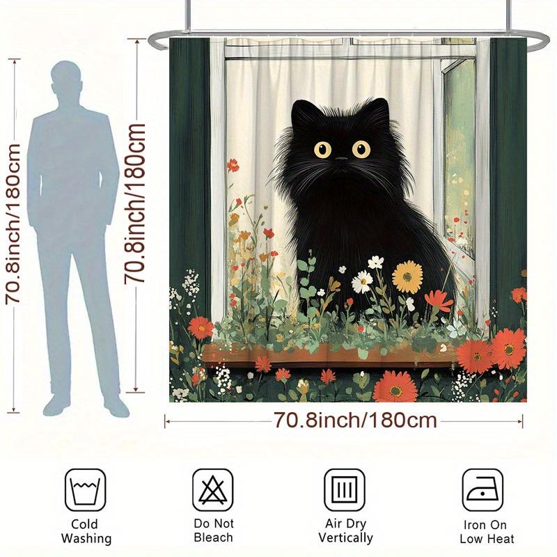 1pc Black Cat Garden Shower Curtain - Vibrant Floral Design, Polyester, 70.8x70.8", 12 Hooks, Easy to Clean