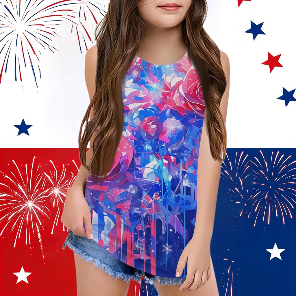 Girls  Kids Summer Crewneck Sleeveless Shirts Tank Tops Independence Day