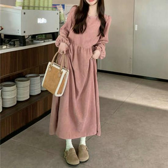 Women's French Retro Red Corduroy Dress, Fake Two-Piece, College Style, Plus Size, Mid-Length, Autumn/Winter.