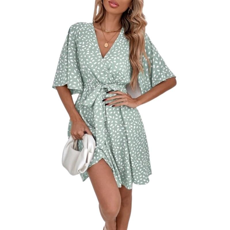 Damenmode, neuer beliebter kurzer Rock in Europa und Amerika, V-Ausschnitt, kurze Ärmel, Taillenwickel, vielseitiges Blasenärmel-großes Swing-Kleid S-XL