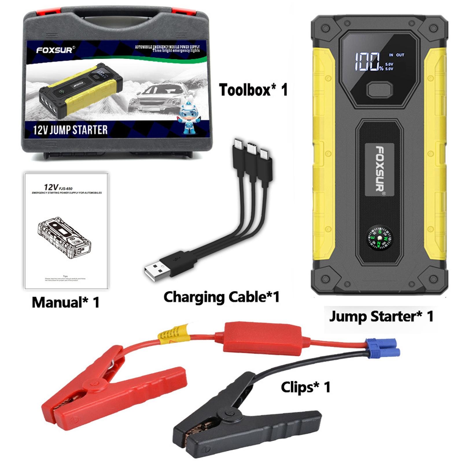 

FOXSUR Jump Starter Автомобильный аккумулятор 12 В Jump Starter Портативный внешний аккумулятор, компас, подсветка, жёлтый