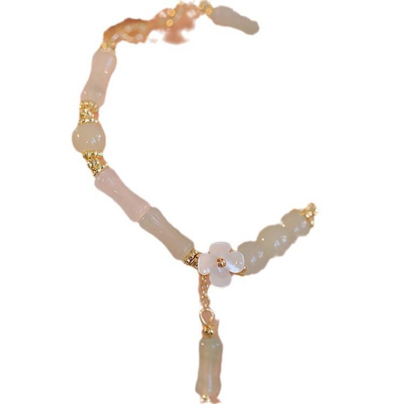 Handcrafted Jade Bamboo-Style Bracelet Women Vintage Floral Design Delicate Boho Jewelry Gift