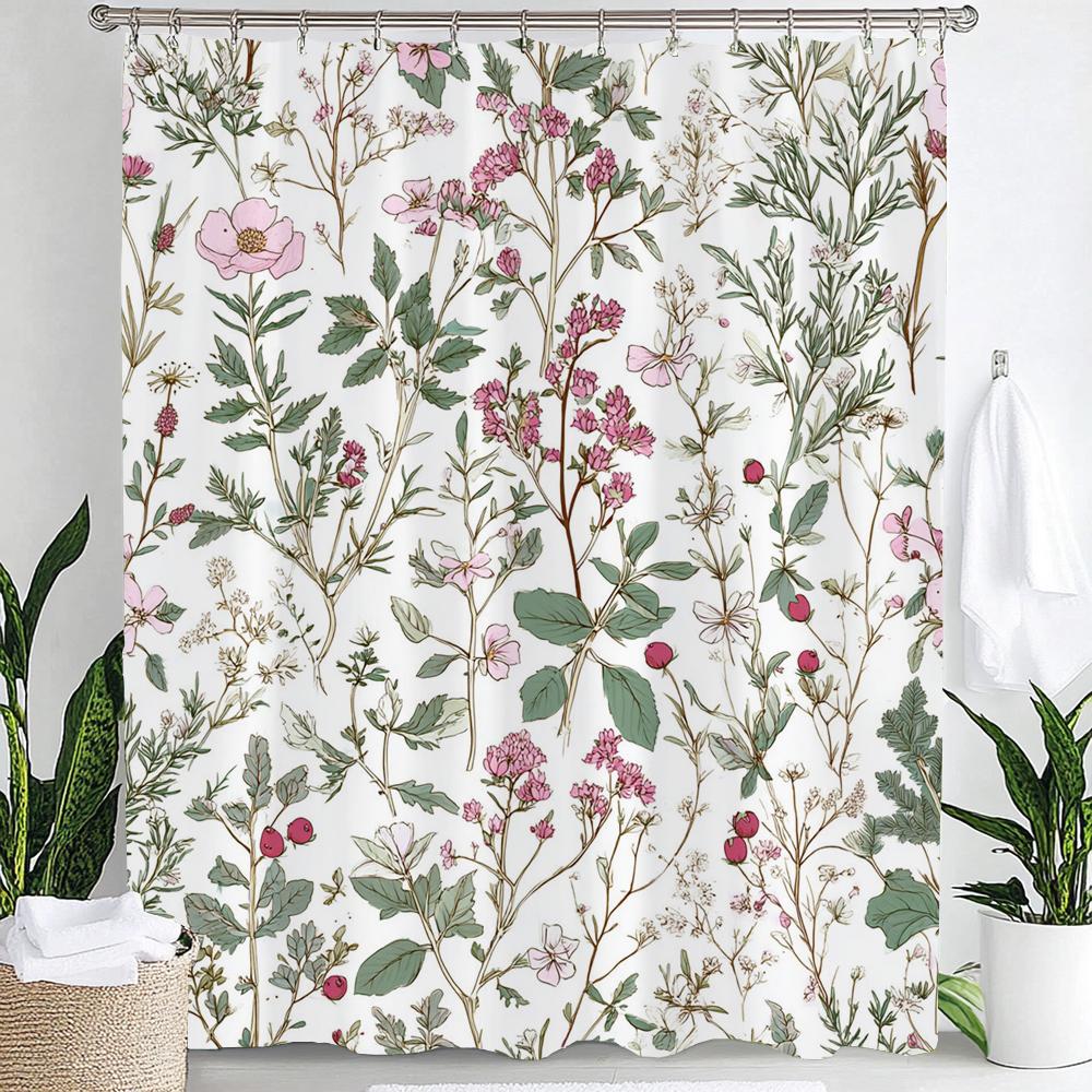 Vintage Botanical Print Floral Shower Curtain, Bathroom Decorative Shower Curtain, Waterproof Shower Curtain with Hooks