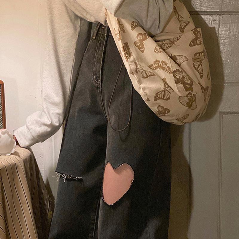 

Женские рваные джинсы с высокой талией - Ретро милые прямые широкие штанины, XS, 8-точечные M